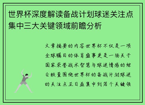 世界杯深度解读备战计划球迷关注点集中三大关键领域前瞻分析 世界杯深度解读备战计划球迷关注点集中三大关键领域前瞻分析